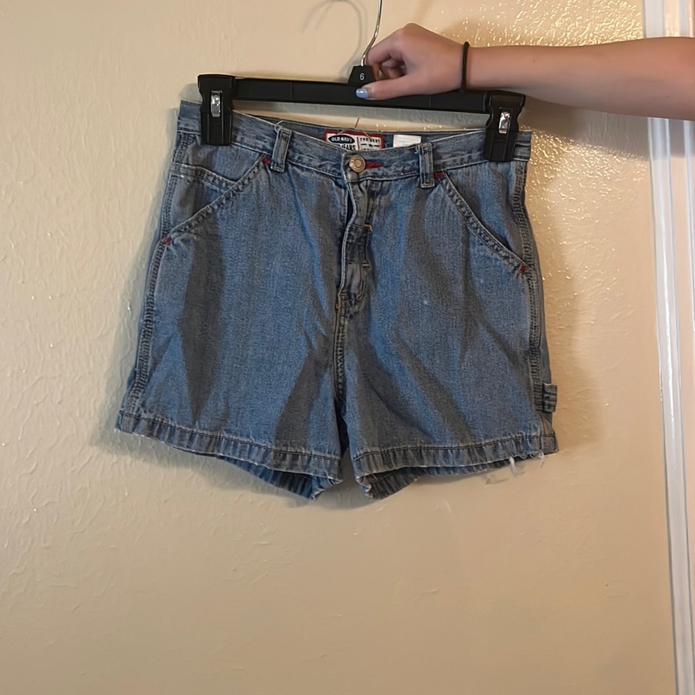 Size 12- High Rise Jean shorts with red stitching
